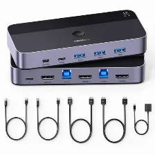 Switch Kvm Ugreen, 3840x2160 Pixeles, 4k Ultra Hd, Hasta 2 Dispositivos, Negro, Gris