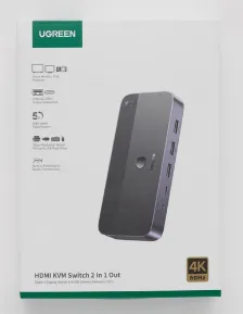 Switch Kvm Ugreen, 3840x2160 Pixeles, 4k Ultra Hd, Hasta 2 Dispositivos, Negro, Gris