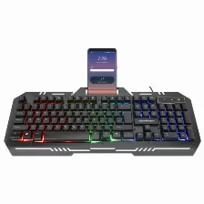 Teclado Manhattan, Usb, Retroiluminacion Rainbow-led Multicolor, Base Para Celular, Ipx4, Negro