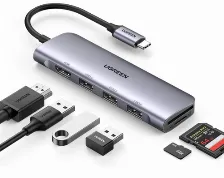 Docking Station Ugreen, 6 Puertos, Interfaz Usb-c, 3x Usb-a, 1x Hdmi, 1x Microsd, 1x Sd, 5000 Mbit/s, Plata