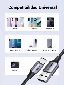 Cable Usb Ugreen 60126 Usb C A Usb A, 480 Mbit/s, Negro, Gris