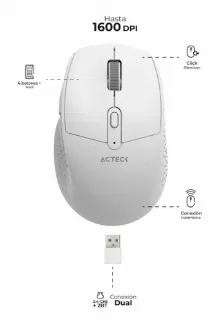 Mouse Optico Inalambrico Laser Acteck Optimize Ergo Mi680, 1600 Dpi, Click Silencioso, Receptor Usb, 6 Botones, Color Blanco