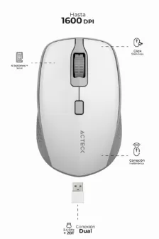 Mouse Optico Inalambrico Acteck Optimize Trip Mi670, 800/1200/1600 Dpi, Receptor Usb 2.0 2.4ghz, 4 Botones, Incluye Bateria Aa, Color Blanco