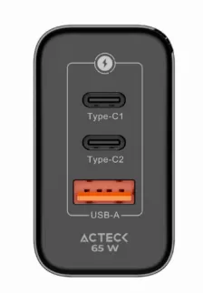 Cargador Acteck, 1x Usb-a, 2x Usb-c, 65 Watts, Negro