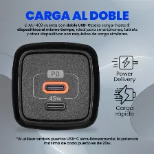 Cargador Vorago Au-402-bk 110v ~ 240v, Teléfono Móvil, Interior, 2usb-c, Carga Rápida, 45 W, Negro