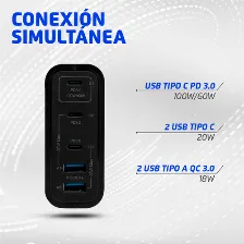 Cargador Vorago Au-600, 100w, 2/usb-a 3.0, 3/usb-c 3.0, Carga Rapida, Negro