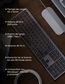 Teclado Techzone Tzactcb01 Inalámbrico, Rf Inalámbrico + Bluetooth, Negro, Plata